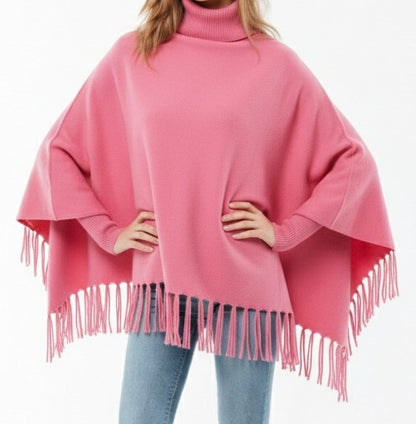 Winter Fleece Poncho for Girls – High Neck, Tassel Style & Adjustable Short Sleeves | Soft, Warm & Free Size