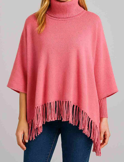 Winter Fleece Poncho for Girls – High Neck, Tassel Style & Adjustable Short Sleeves | Soft, Warm & Free Size